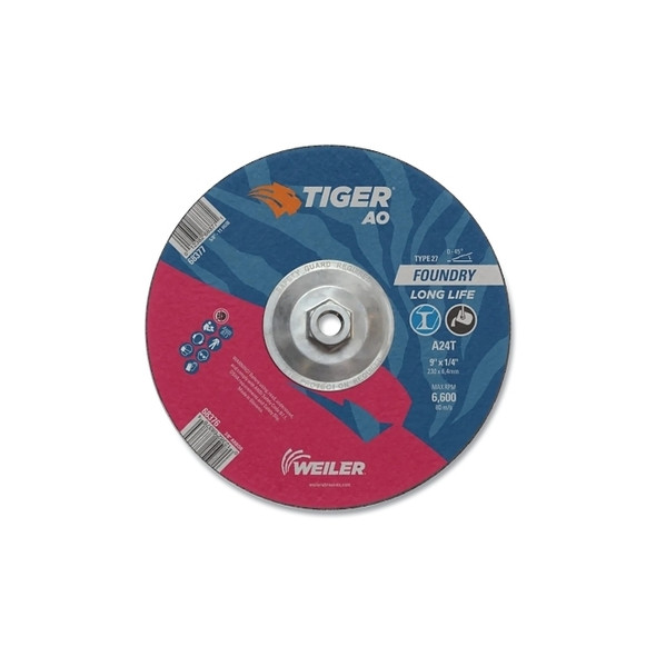 Tiger® Grinding Wheel, 9 in dia x 1/4 in Thick x 5/8 in-11 Arbor, 24 Grit, Aluminum Oxide, Type 27, 10 EA/BX