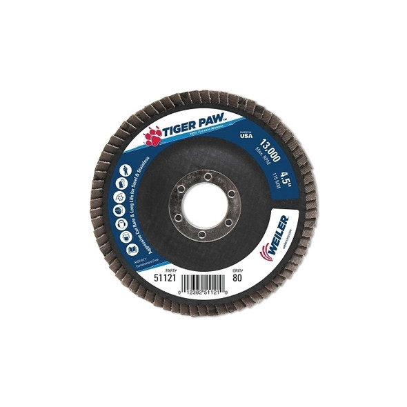 Tiger Paw™ TY29 Coated Abrasive Flap Disc, 4-1/2 in, 80 Grit, 7/8 Arbor, 13,000 RPM