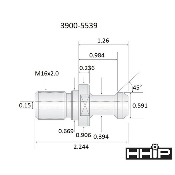 Hhip .59 X 1.25 45 Degree CAT40 M16 X 2.0 Coolant Thru Retention Knob 3900-5539