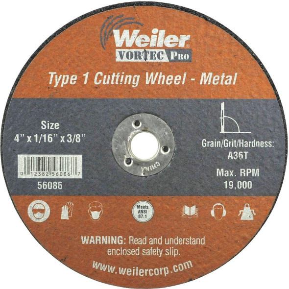36540 Weiler Vortec Type 1 4 In. x 1/16 In. x 3/8 In. Metal/Plastic Cut-Off Wheel