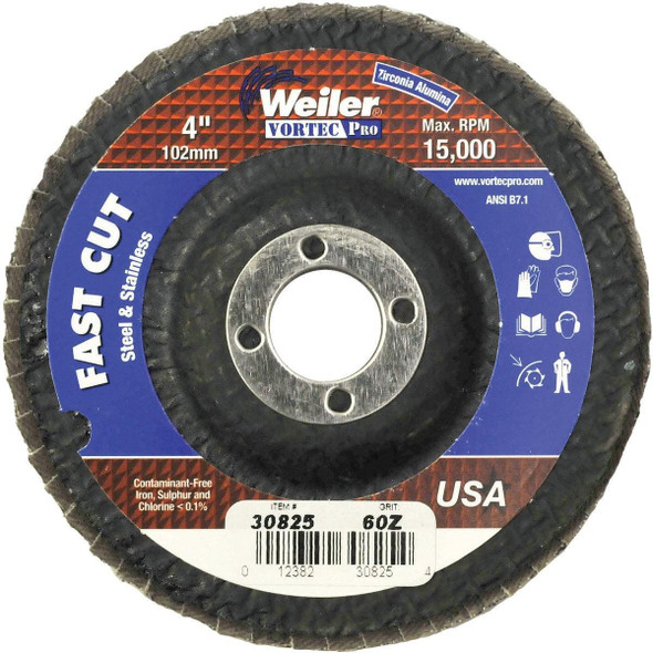 30825 Weiler Vortec 4 In. x 5/8 In. 60-Grit Type 29 Angle Grinder Flap Disc
