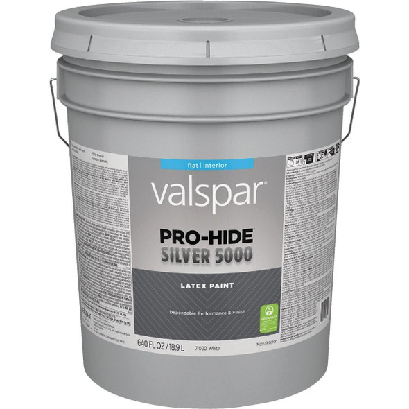 028.0071000.008 Valspar Pro-Hide Silver 5000 Latex Flat Interior Wall Paint, White Base, 5 Gal.