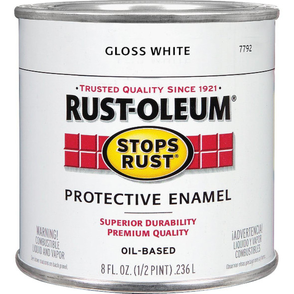 7792730 Rust-Oleum Stops Rust Oil Based Gloss Protective Rust Control Enamel, White, 1/2 Pt.