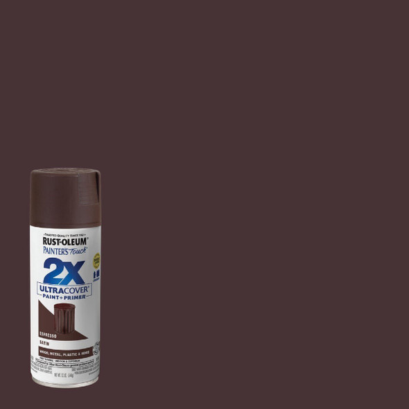 334066 Rust-Oleum Painter's Touch 2X Ultra Cover 12 Oz. Satin Paint + Primer Spray Paint, Espresso