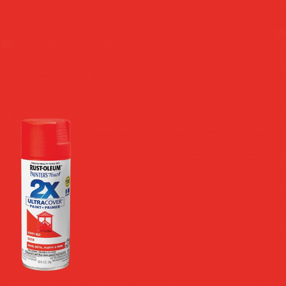 334084 Rust-Oleum Painter's Touch 2X Ultra Cover 12 Oz. Satin Paint + Primer Spray Paint, Poppy Red