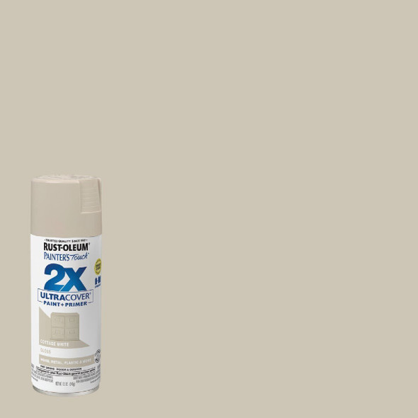 334040 Rust-Oleum Painter's Touch 2X Ultra Cover 12 Oz. Gloss Paint + Primer Spray Paint, Cottage White