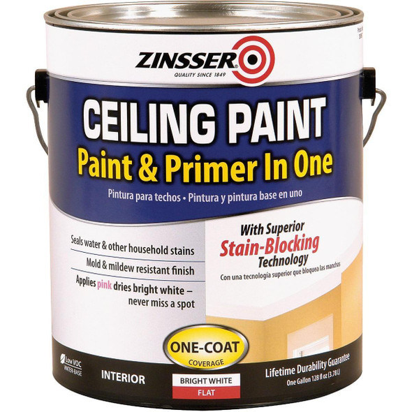 260967 Zinsser Latex Paint & Primer In One Stainblock Flat Ceiling Paint, Bright White, 1 Gal.