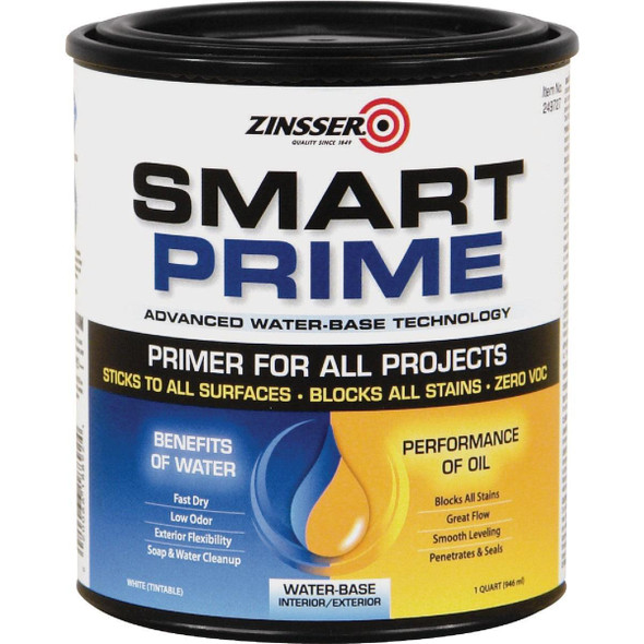 249727 Zinsser Smart Prime Water-Base Interior/Exterior Stain Blocking Primer, White, 1 Qt.