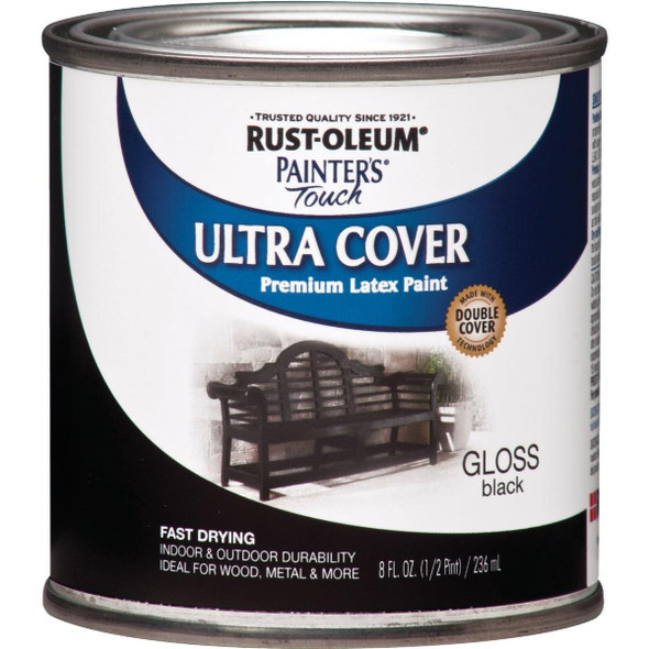 1979730 Rust-Oleum Painter's Touch 2X Ultra Cover Premium Latex Paint, Black Gloss, 1/2 Pt.