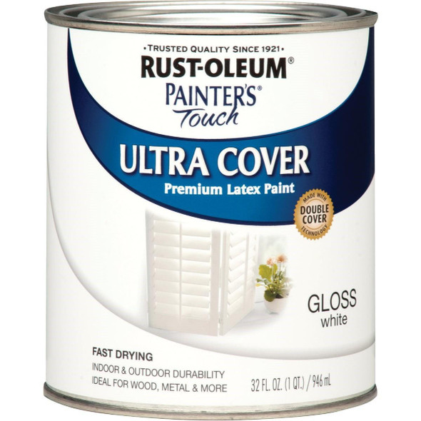 1992502 Rust-Oleum Painter's Touch 2X Ultra Cover Premium Latex Paint, White Gloss, 1 Qt.