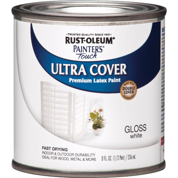 1992730 Rust-Oleum Painter's Touch 2X Ultra Cover Premium Latex Paint, White Gloss, 1/2 Pt.