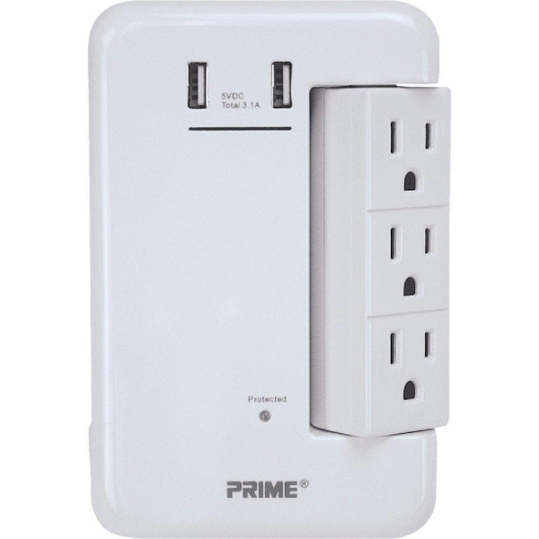 PBRUSB346S Prime Wire & Cable 6 Power & 2 USB White Rotating Surge Tap USB Charger