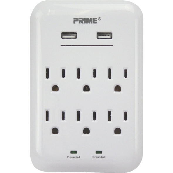 PBUSB346S Prime Wire & Cable 6 Power & 2 USB White Wall Charger
