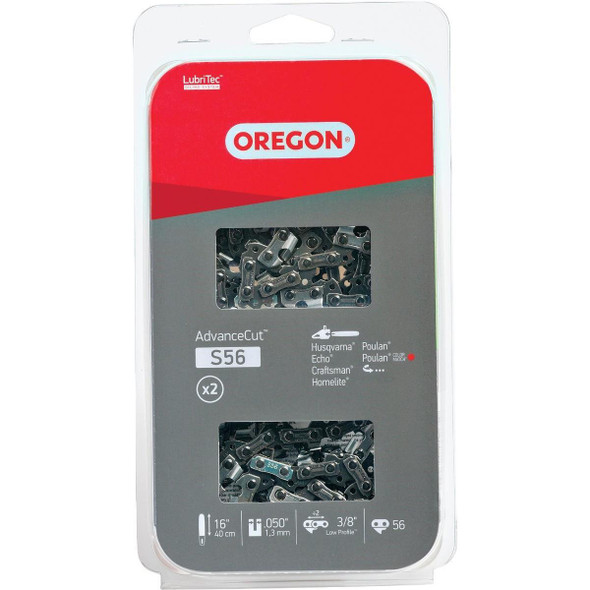 S56T Oregon AdvanceCut LubriTec S56T 16 In. 3/8 In. Low Profile 56 Link Chainsaw Chain (2-Pack)