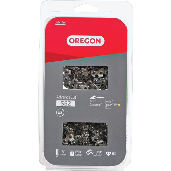 S62T Oregon AdvanceCut LubriTec S62T 18 In. 3/8 In. Low Profile 62 Link Chainsaw Chain (2-Pack)