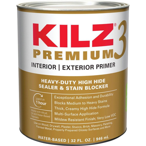13002 KILZ 3 Premium Water-Base Interior/Exterior Sealer Stain Blocking Primer, White, 1 Qt.