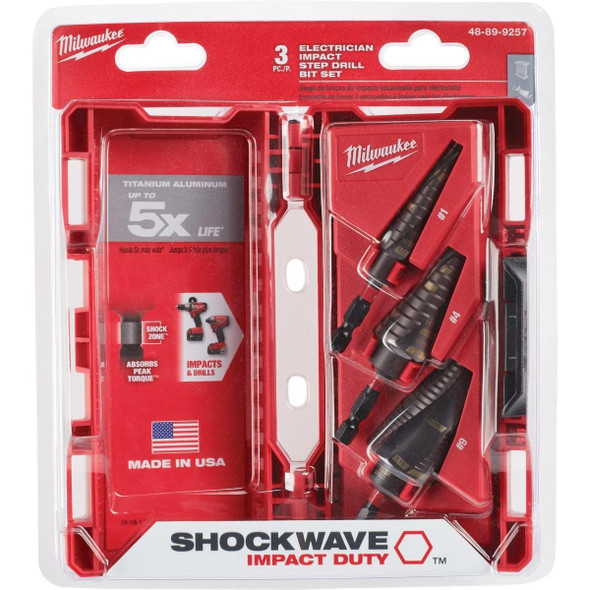 48-89-9257 Milwaukee SHOCKWAVE Impact Duty 3-Piece Titanium Step Drill Bit Set, #1 #4 #9