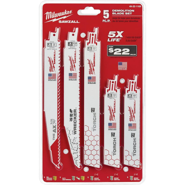 49-22-1105 Milwaukee SAWZALL 5-Piece Demolition Reciprocating Saw Blade Set
