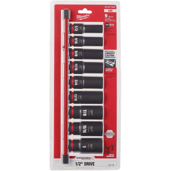 49-66-7022 Milwaukee SHOCKWAVE Standard 1/2 In. Drive 6-Point Deep Impact Driver Set (9-Piece)