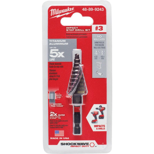 48-89-9243 Milwaukee Shockwave Impact Duty 3/16 In. - 3/4 In. #3 Step Drill Bit, 10 Steps