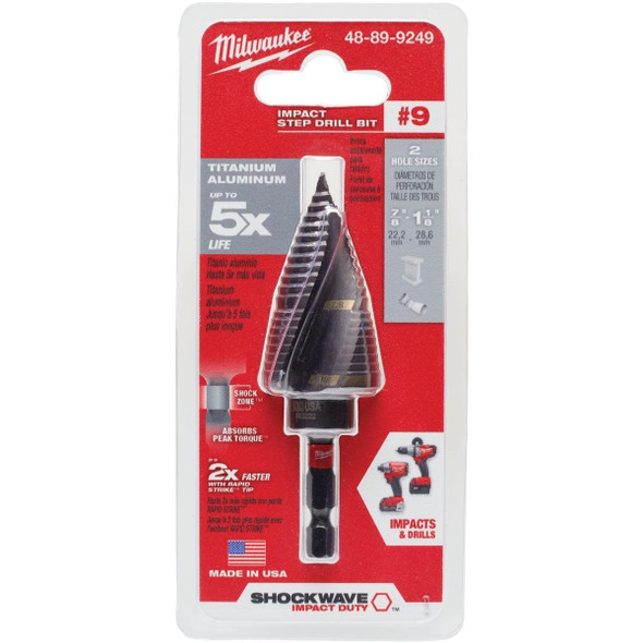 48-89-9249 Milwaukee Shockwave Impact Duty 7/8 In. - 1-1/8 In. #9 Step Drill Bit, 2 Steps