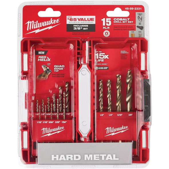 48-89-2370 Milwaukee RED HELIX 15-Piece Cobalt Drill Bit Set, 1/16 In. thru 3/8 In.