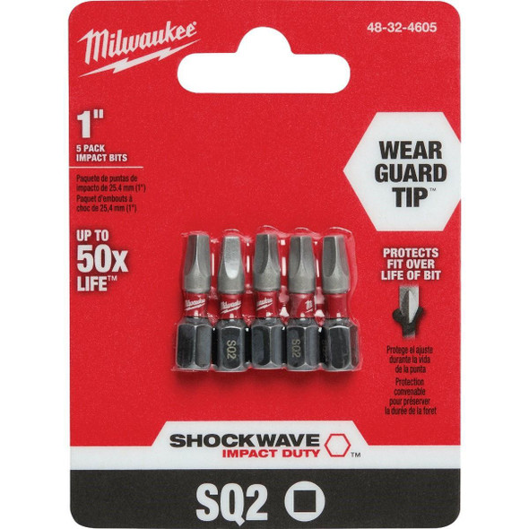 48-32-4605 Milwaukee SHOCKWAVE #2 Square Recess 1 In. Insert Impact Screwdriver Bit (5-Pack)