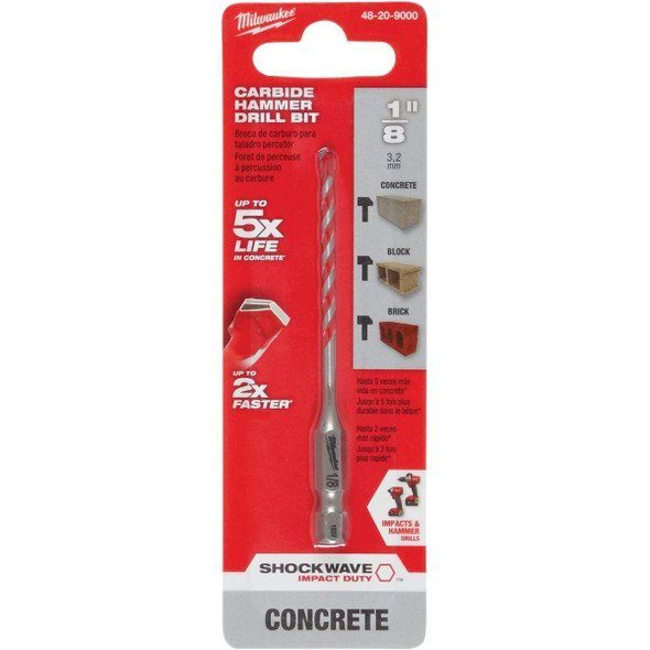 48-20-9000 Milwaukee SHOCKWAVE 1/8 In. x 3 In. Carbide Masonry Drill Bit