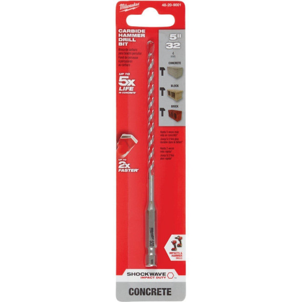 48-20-9001 Milwaukee SHOCKWAVE 5/32 In. x 6 In. Carbide Masonry Drill Bit