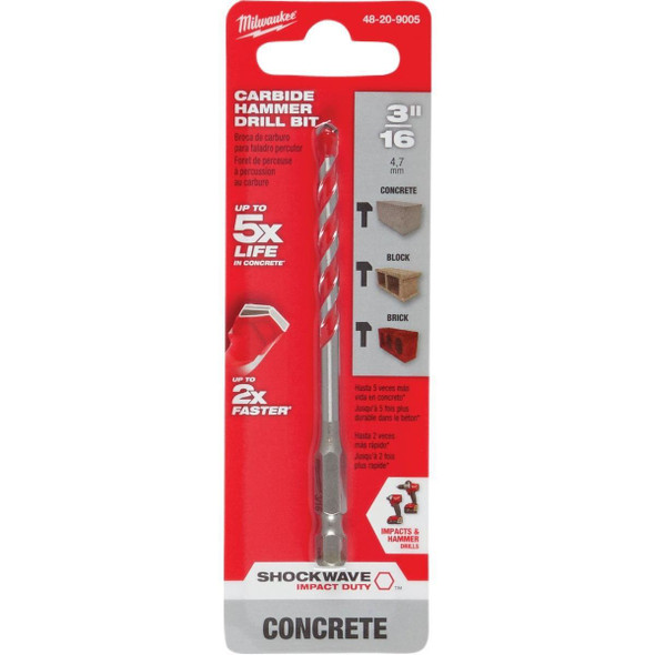 48-20-9005 Milwaukee SHOCKWAVE 3/16 In. x 4 In. Carbide Masonry Drill Bit