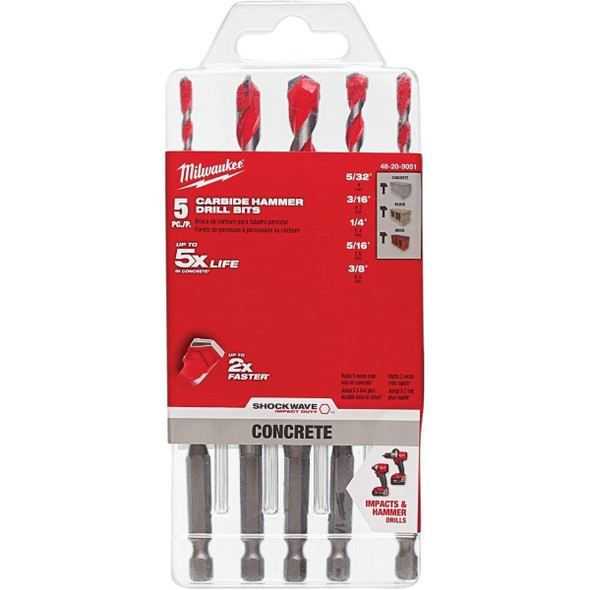 48-20-9051 Milwaukee SHOCKWAVE 5-Piece Carbide Masonry Drill Bit Set