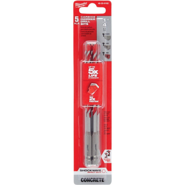 48-20-9162 Milwaukee SHOCKWAVE 1/4 In. x 6 In. Carbide Masonry Drill Bit (5-Pack)