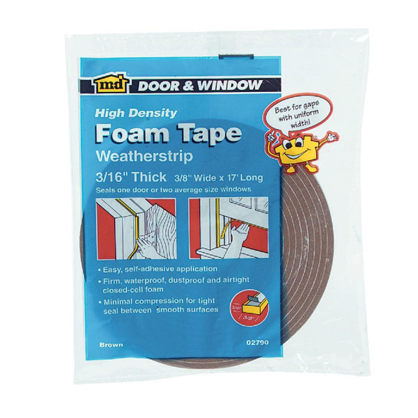 02790 M-D 3/8" W x 3/16" T x 17' L Brown Foam Weatherstrip Tape