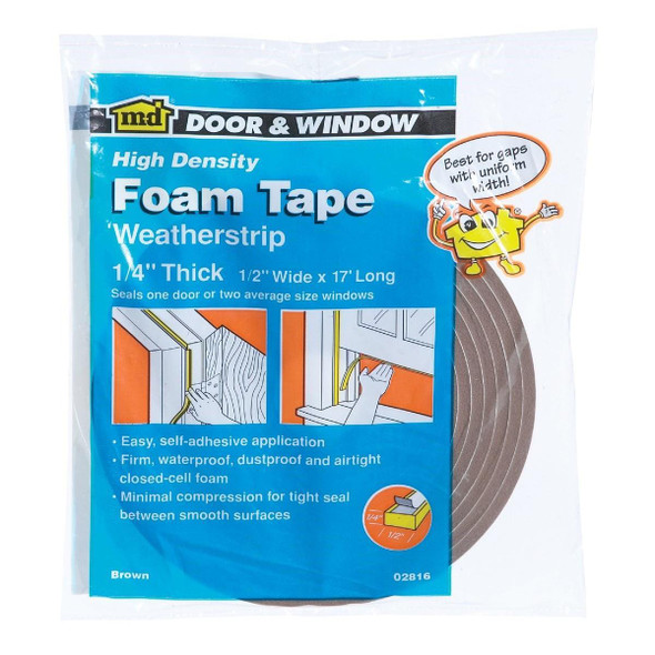 02816 M-D 1/2" W x 1/4" T x 17' L Brown Foam Weatherstrip Tape