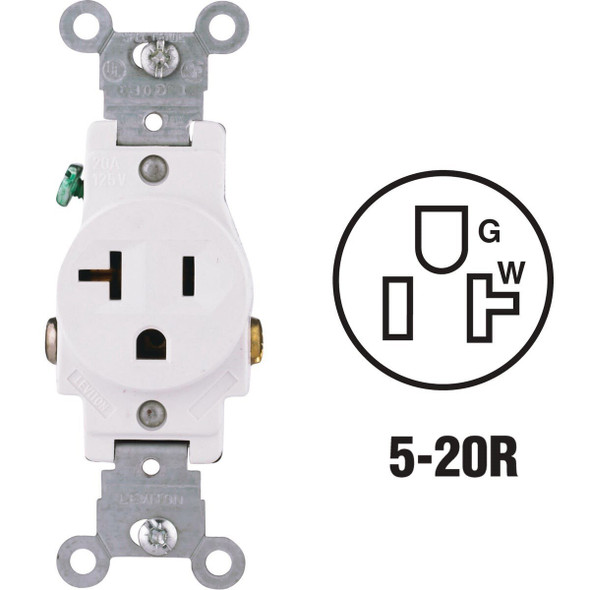 S12-5801-KWS Leviton 20A White Commercial Grade 5-20R Shallow Single Outlet