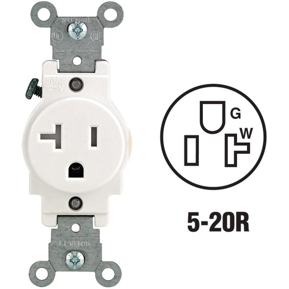 R52-T5020-0WS Leviton 20A White Commercial Grade 5-20R Tamper Resistant Single Outlet