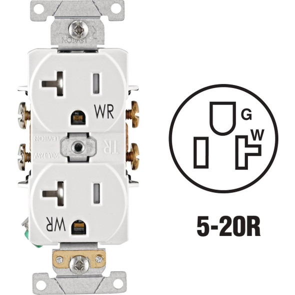 R77-TWR20-00W Leviton 20A White Tamper & Weather Resistant Commercial Grade 5-20R Duplex Outlet