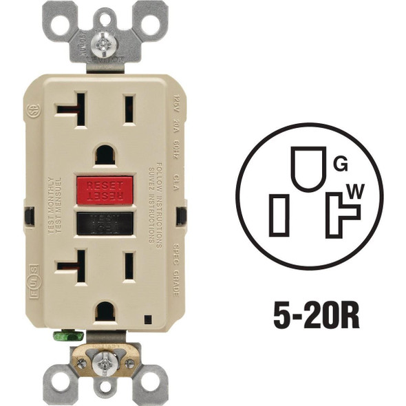 R99-GFNT2-0RI Leviton SmartlockPro Self-Test 20A Ivory Commercial Grade 5-20R GFCI Outlet