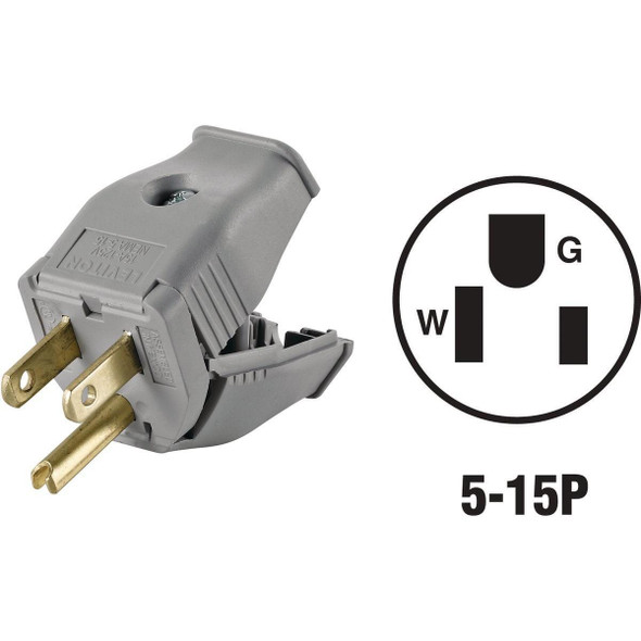 001-3W101-0GY Leviton 15A 125V 3-Wire 2-Pole Clamp Tight Cord Plug, Gray
