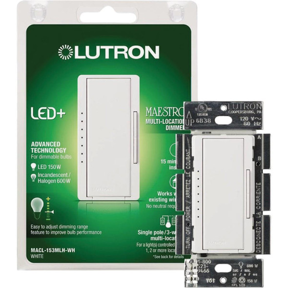 MACL-153MLH-WH Lutron Maestro Halogen/Incandescent/LED/CFL White Digital Slide Dimmer Switch