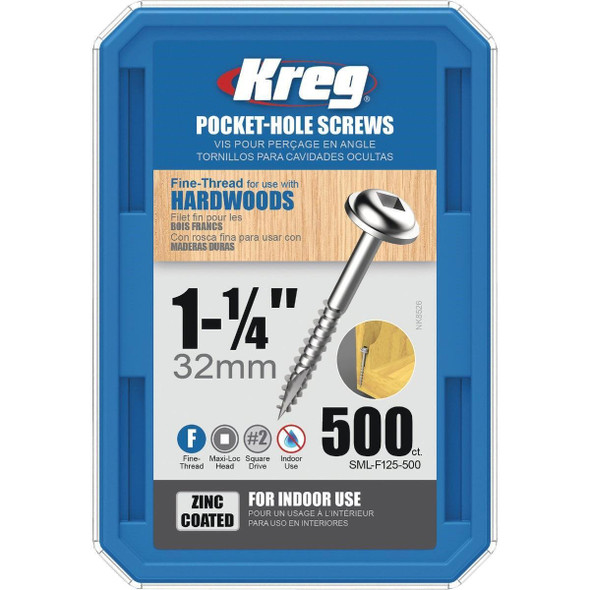 SML-F125 - 500 Kreg #7 1-1/4 In. Fine Maxi-Loc Washer Head Zinc Pocket Hole Screw (500 Ct.)