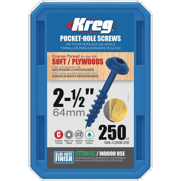 SML-C250B-250 Kreg Blue-Kote #8 2-1/2 In. Coarse Maxi-Loc Washer Head Pocket Hole Screw (250 Ct.)