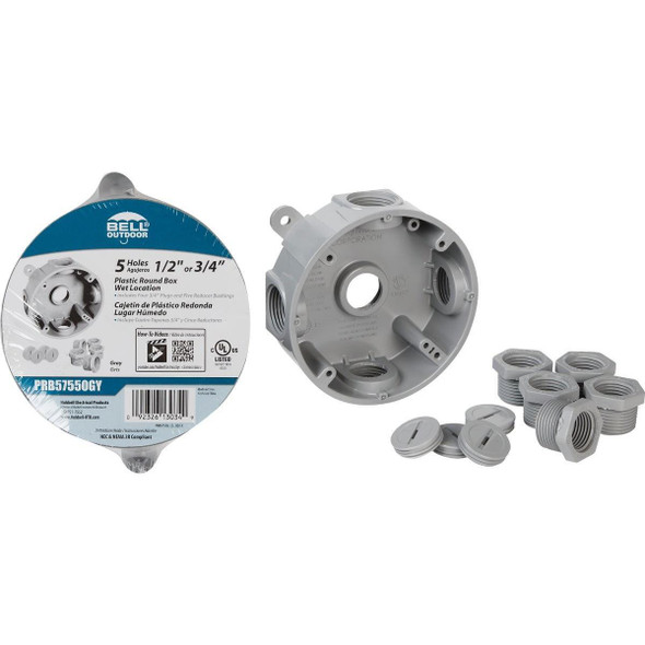 PRB57550GY Bell Single Gang 1/2 In.,3/4 In. 5-Outlet Gray Round PVC Weatherproof Outdoor Outlet Box