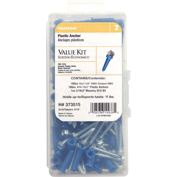 373515 Hillman #10 - #12 Thread x 1 In. Hex Washer Head Blue Plastic Anchor Kit