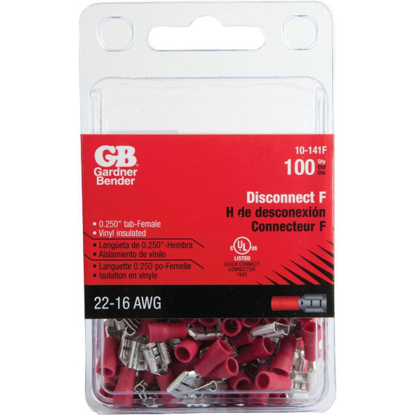 10-141F Gardner Bender 22 to 16 AWG Female Red Vinyl-Insulated Barrel Disconnect (100-Pack)