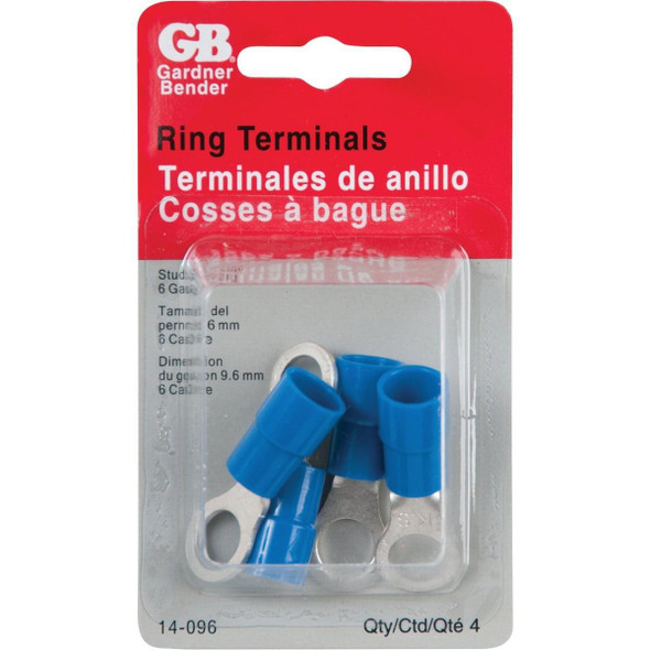 14-096 Gardner Bender 6 AWG 3/8 In. Stud Size Blue Vinyl-Insulated Barrel Ring Terminal (4-Pack)