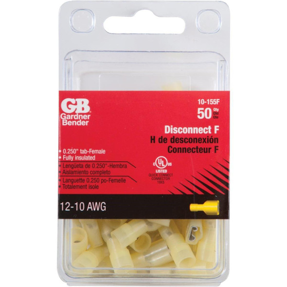 10-155F Gardner Bender 12 to 10 AWG Female Yellow Fully-Insulated Disconnect (50-Pack)