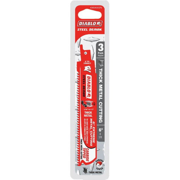 DS0608CF3 Diablo Steel Demon 6 In. 8 TPI Carbide Thick Metal Reciprocating Saw Blade (3-Pack)