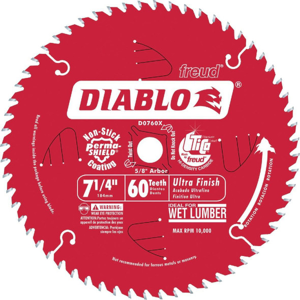 D0760X Diablo 7-1/4 In. 60-Tooth Finish/Wet Lumber Circular Saw Blade