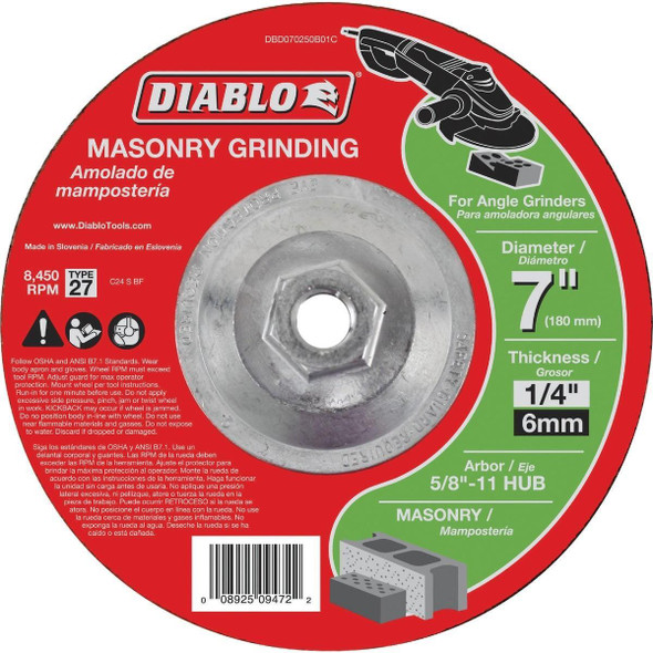 DBD070250B01C Diablo Type 27 7 In. x 1/4 In. x 5/8 In. Masonry Grinding Cut-Off Wheel